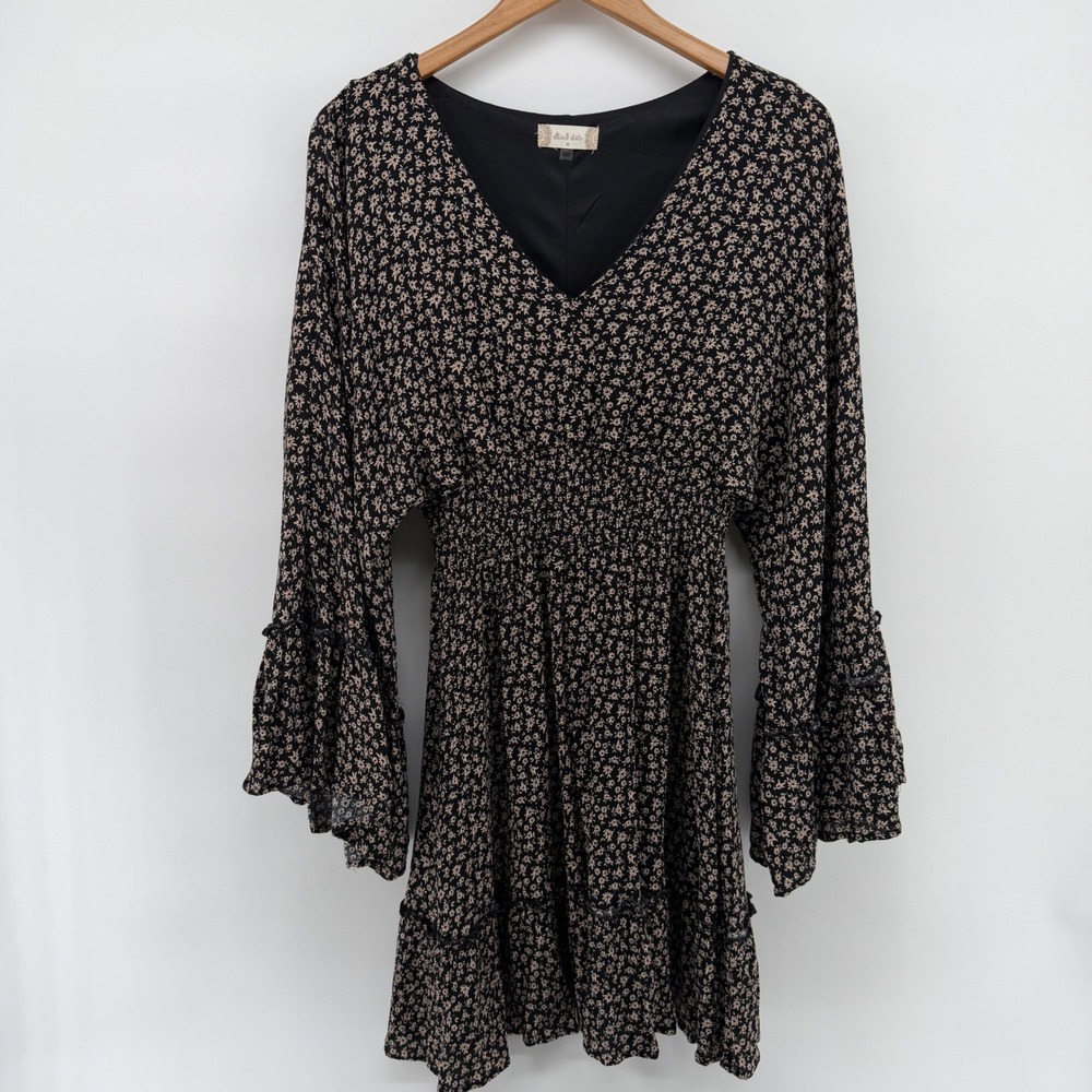 Altar'd State Black Floral Smocked Waist Bell Sleeve Mini Dress Medium flowy